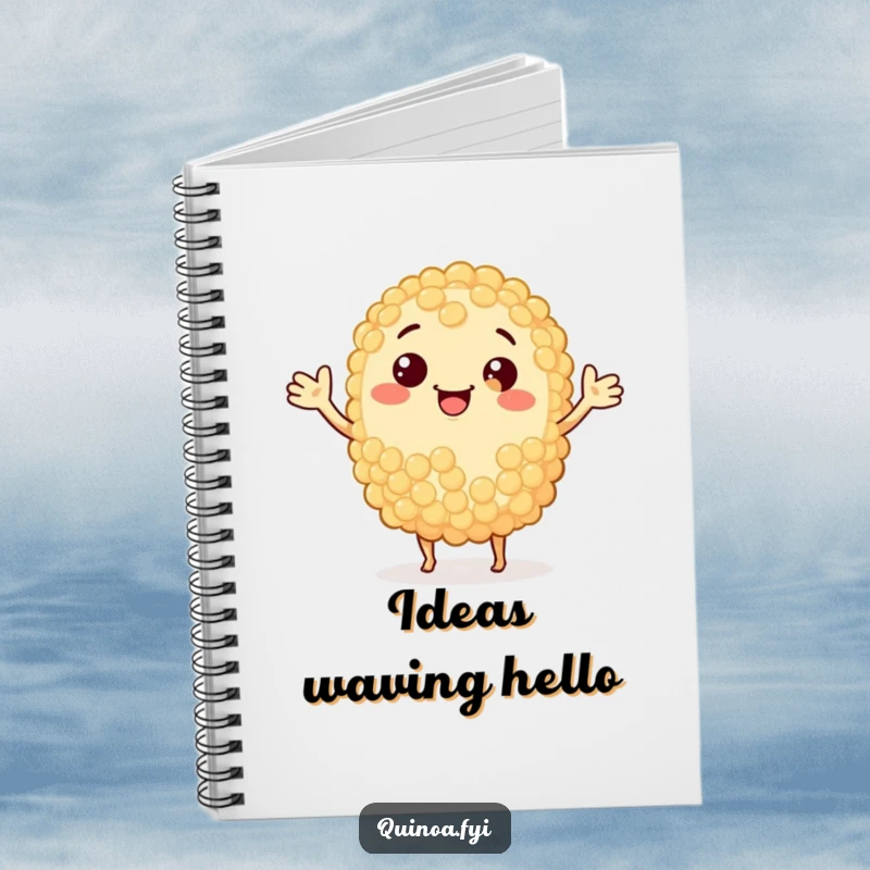 Funny smiling anthropomorphic quinoa grain with arms waving, perfect for a humorous notebook.