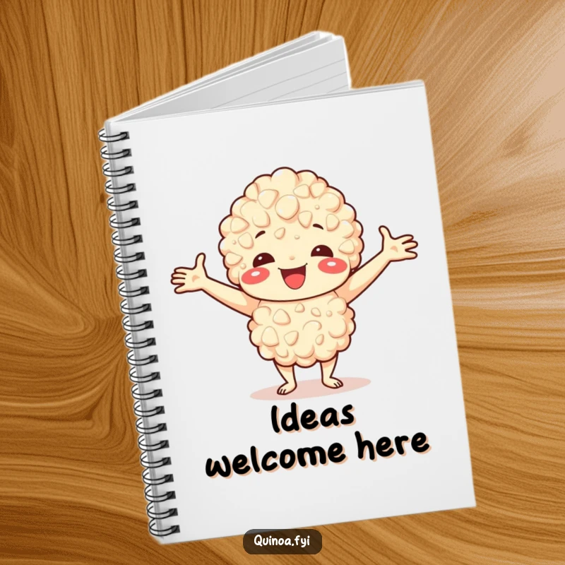 Funny notebook featuring a happy quinoa character with welcoming arms, ideal for jotting down cheerful notes.