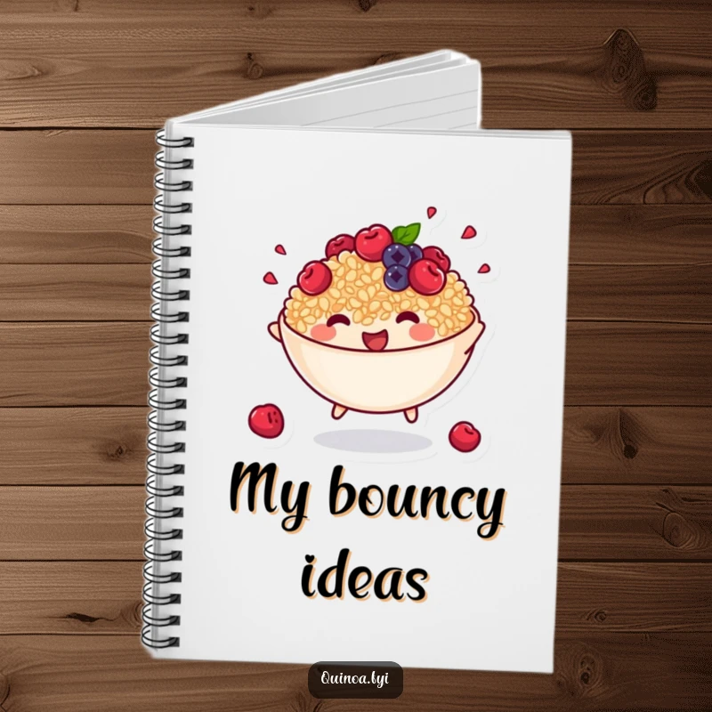 Funny notebook cover with an anthropomorphic bowl of cooked quinoa with tiny berries joyfully bouncing, encouraging active thoughts.