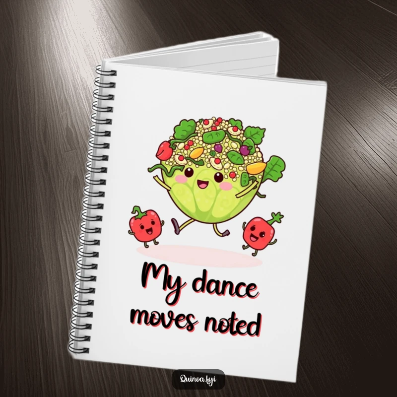 Funny notebook cover with a dancing quinoa salad and tiny, swaying vegetable characters, ready for culinary inspiration.