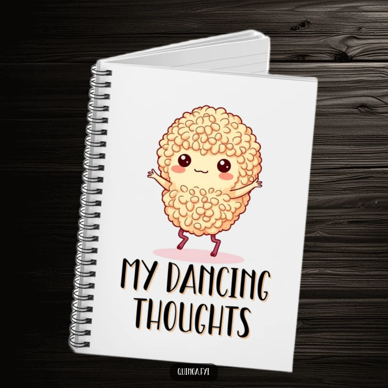 Funny notebook with a dancing quinoa cluster with little legs performing a lively jig on the cover.