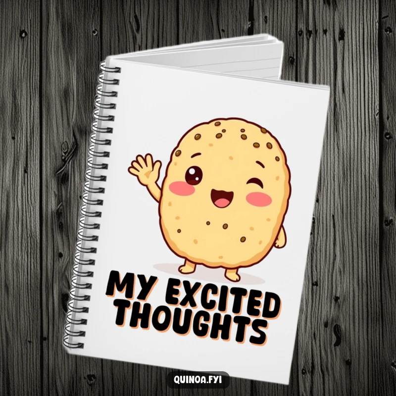 Funny anthropomorphic quinoa patty with a friendly wave, looking excited notebook, encouraging note-taking and idea generation with a friendly character.
