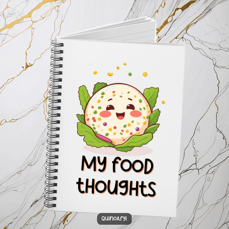 Funny quinoa salad notebook with a happy salad and a cheerful expression, playfully spinning, perfect for notes.