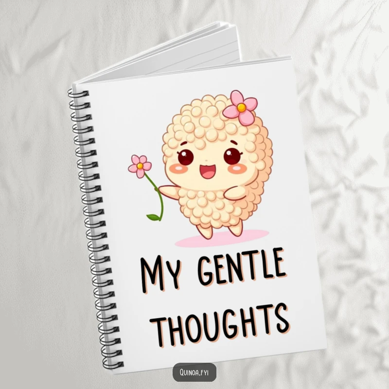 Funny notebook cover with a happy quinoa grain with a flower, swaying gently, inspiring calm thoughts.