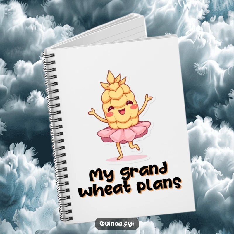 Funny Notebook: A wobbly anthropomorphic wheat grain in a tutu strikes a playful pose, perfect for jotting down dance dreams.