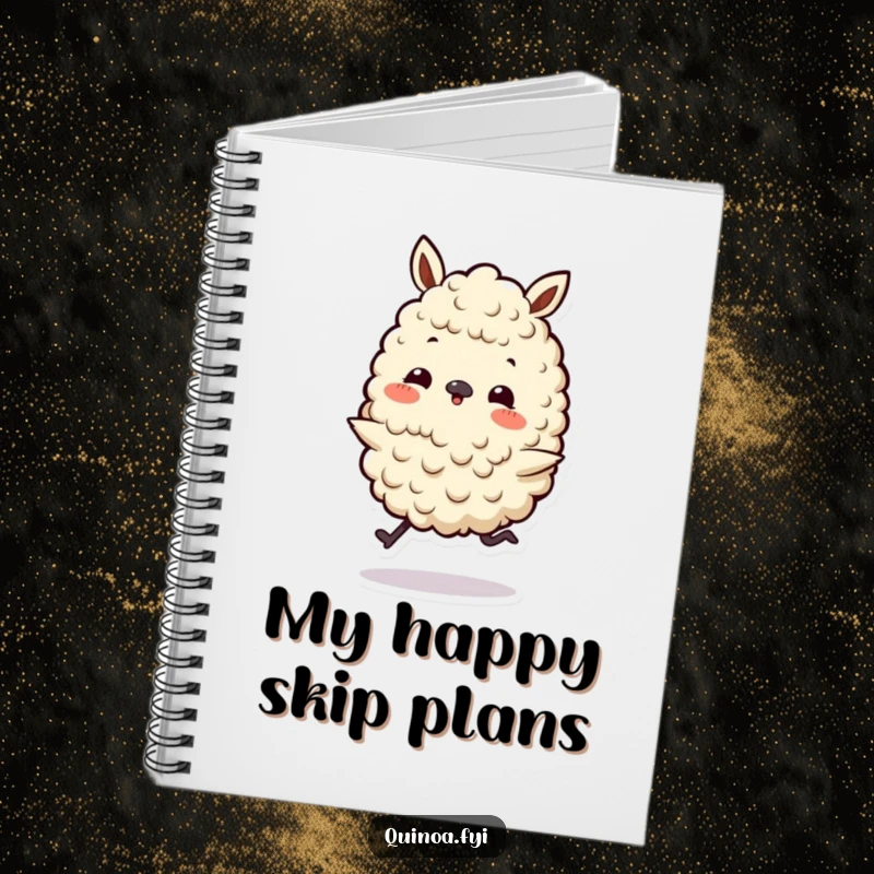 Funny notebook with a playful quinoa character on tiny legs doing a happy skip, perfect for jotting down happy thoughts and ideas.