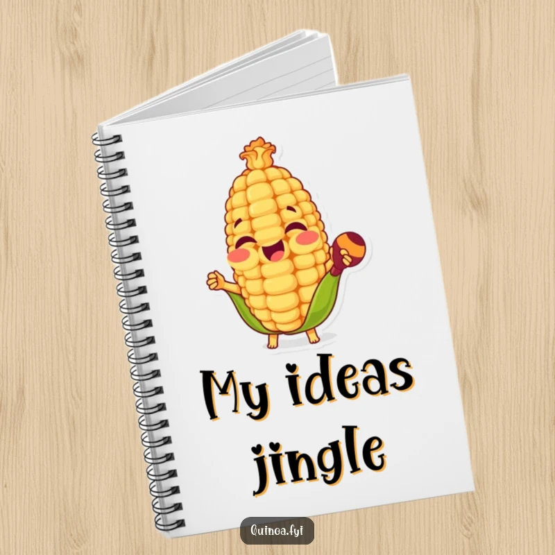 Funny notebook featuring a happy anthropomorphic corn kernel playing maracas, ideal for jotting down notes with musical and festive energy.