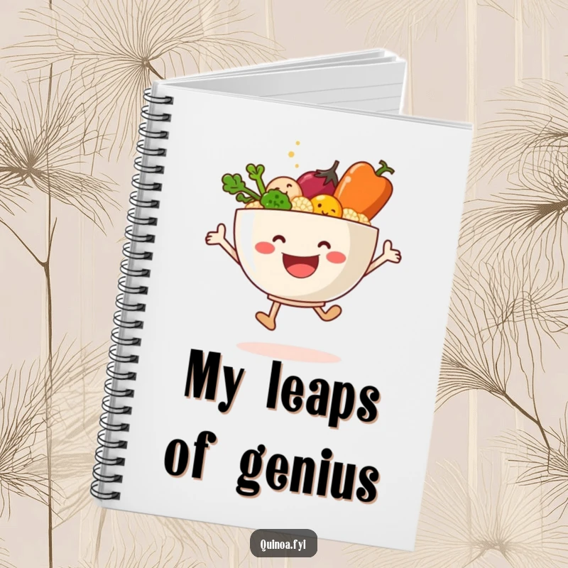 Funny notebook adorned with a smiling bowl of quinoa and vegetables in a fun leaping design.