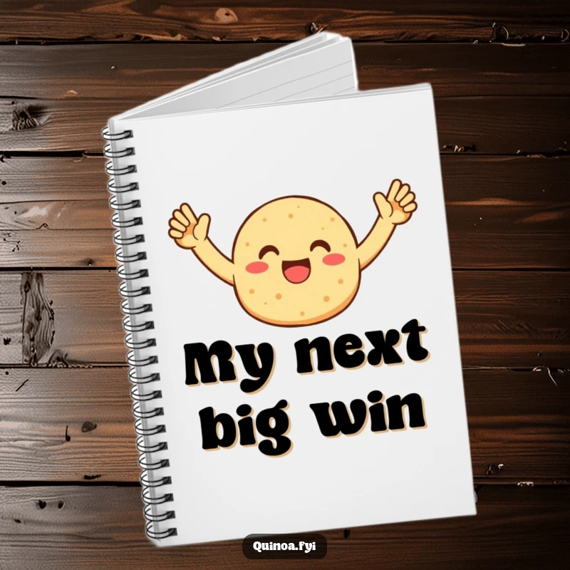 Funny notebook showcasing an enthusiastic quinoa patty character raising arms in celebration, perfect for writing and journaling.