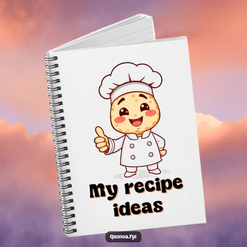 Funny quinoa chef notebook with a smiling chef made of quinoa giving a thumbs up, perfect for notes.