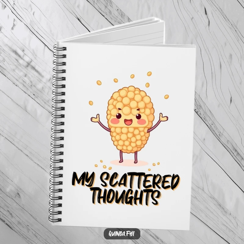Funny notebook with a quinoa cluster juggling tiny grains, perfect for writing and doodling with a humorous, dynamic theme.
