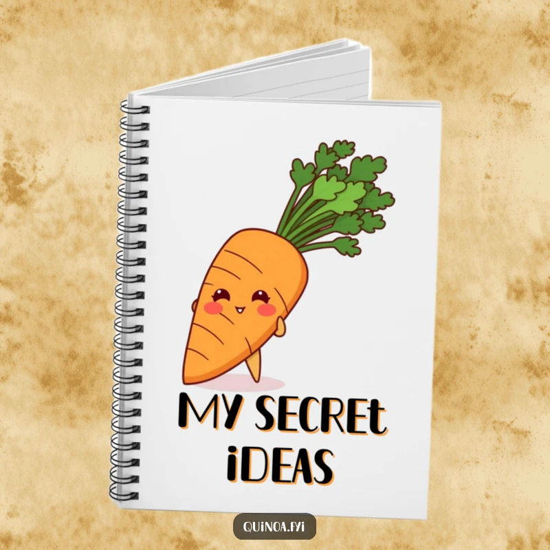 Funny notebook with a giggling quinoa grain peeking playfully from behind a giant carrot on the cover.