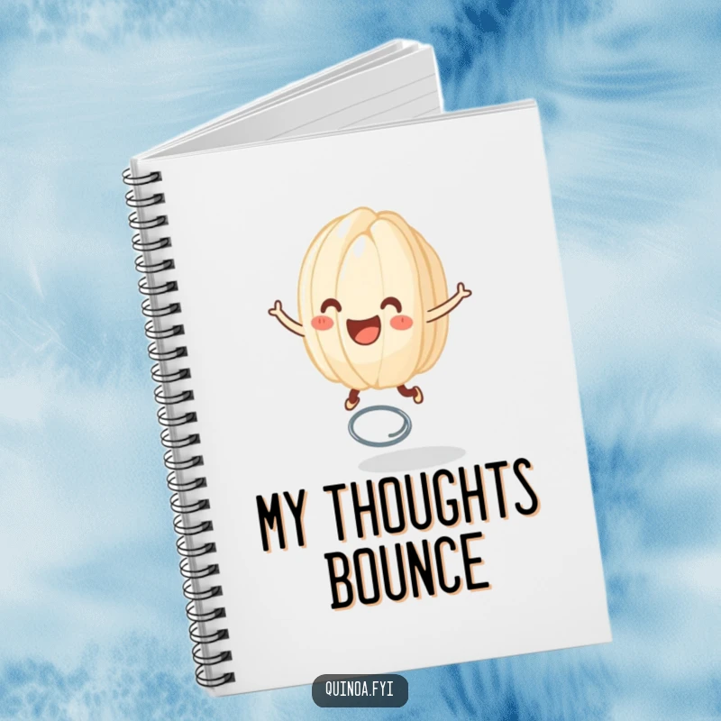 Funny notebook featuring a happy anthropomorphic grain of rice joyfully bouncing on a spring, ideal for jotting down thoughts with playful energy.