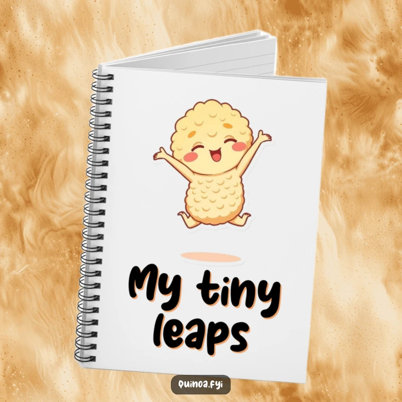 Funny notebook with a happy quinoa character in a tiny, energetic leap, perfect for notes and doodles, an inspiring funny gift.