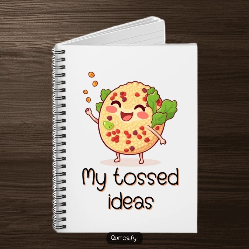 Funny smiling, anthropomorphic quinoa salad tossing a tiny grain notebook, encouraging note-taking and idea generation with a playful food character.