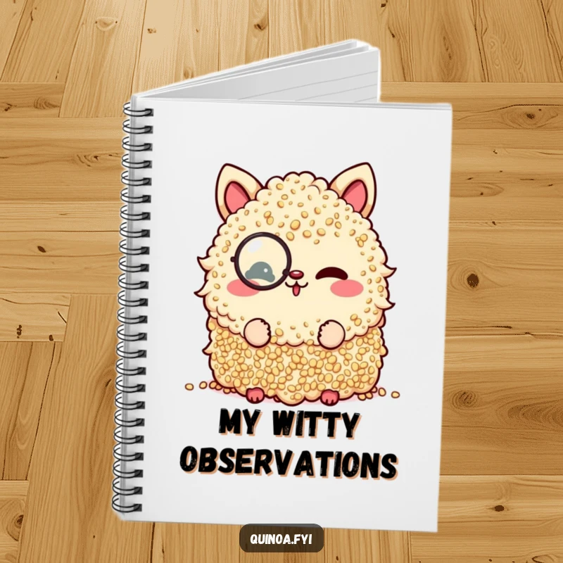 Funny notebook with a sophisticated quinoa pile wearing a monocle, winking playfully on the cover.