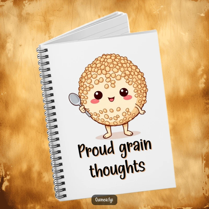 Funny notebook featuring a proud quinoa character holding a tiny spoon, inspiring culinary notes and recipe writing.