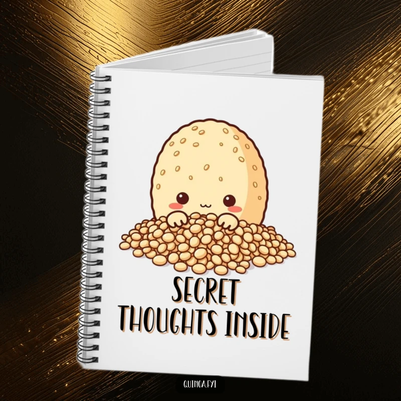 Funny notebook cover with a curious quinoa grain character peeking from its grains, ideal for note-taking with a touch of playful secrecy.