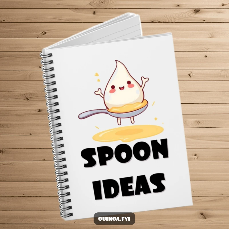 Funny notebook with a joyful anthropomorphic broth droplet happily riding a miniature spoon, ideal for creative note-taking.
