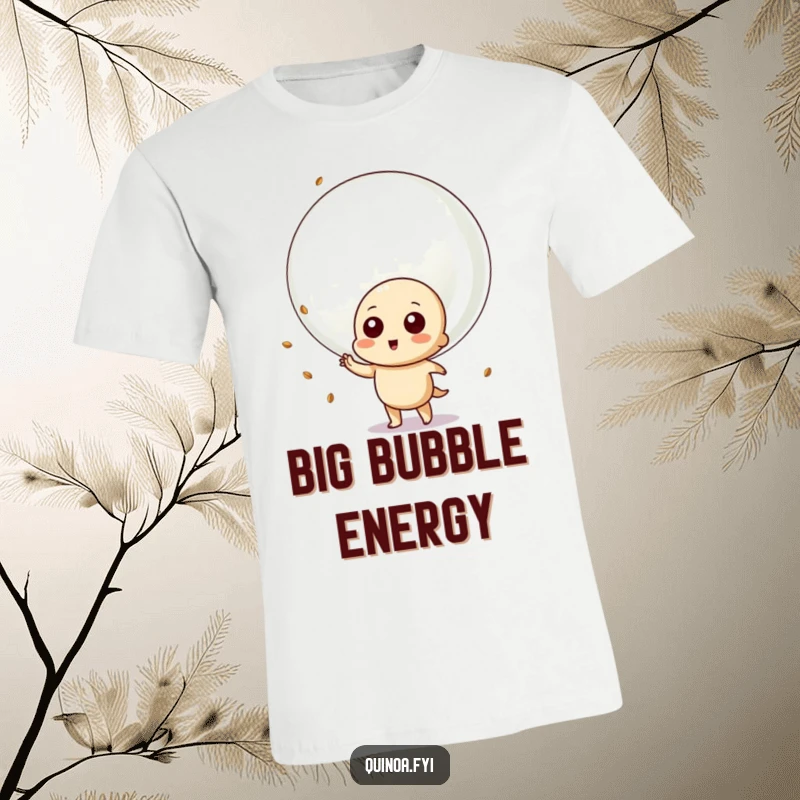 Funny t-shirt: a playful quinoa character is about to blow a huge bubble using quinoa seeds, radiating pure, bubbly joy.