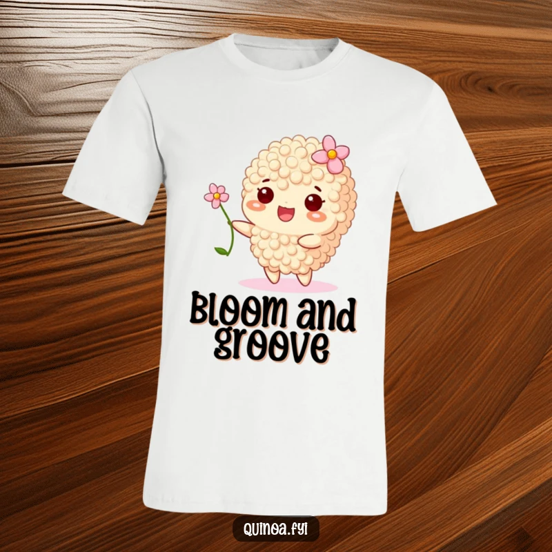 Funny t-shirt graphic of a happy quinoa grain with a delicate flower, swaying gently with a peaceful smile.