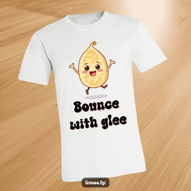 Funny quinoa seed t-shirt, joyfully bouncing with infectious energy and a wide, cheerful grin, celebrating life's vibrant moments.
