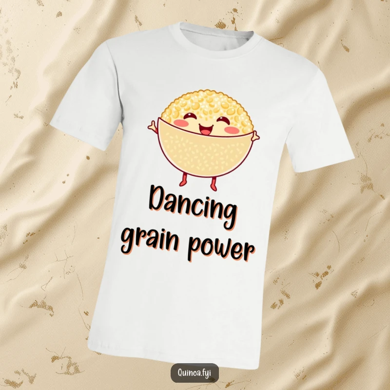 Funny Quinoa T-Shirt: Smiling quinoa bowl with tiny legs dances joyfully, promoting healthy eating with a fun twist.