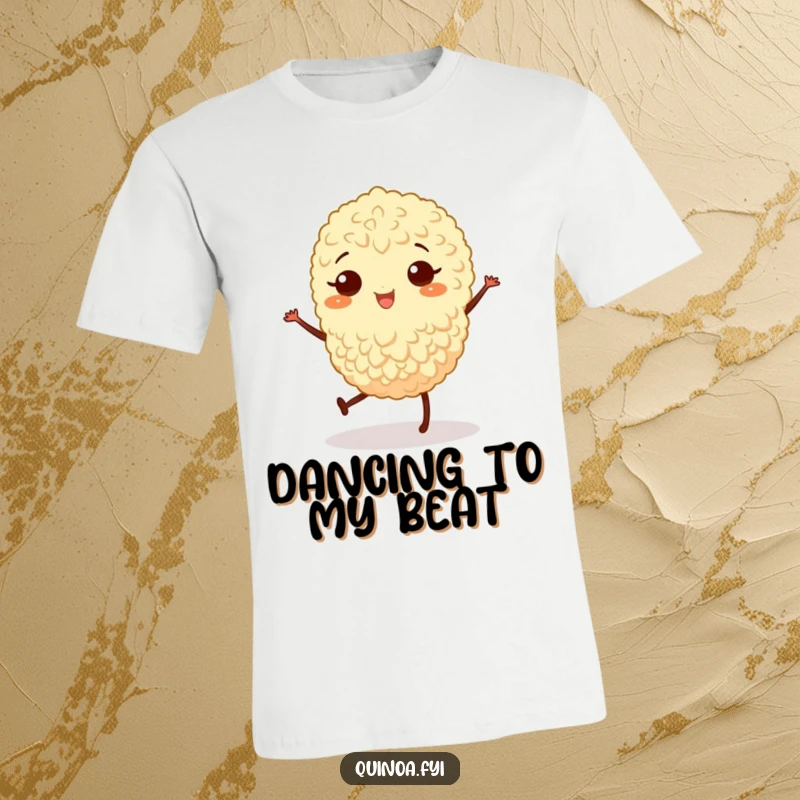 Funny t-shirt graphic of a joyful quinoa grain with legs doing a lively jig, embodying pure happiness.