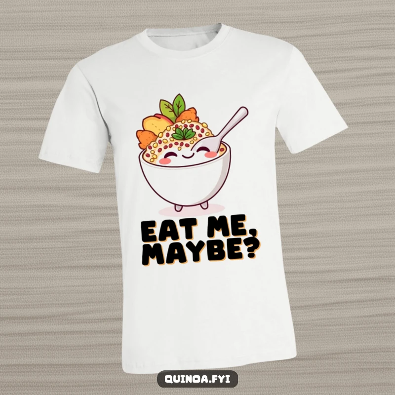 Funny quinoa T-shirt depicting a smiling quinoa bowl character with a spoon playfully dipping into it, full of joy.