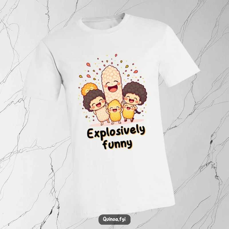 Funny t-shirt featuring a delightful explosion of cheerful quinoa characters bursting with laughter, symbolizing food fun and joy.