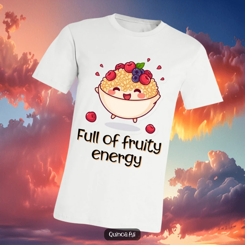 Funny t-shirt graphic of an anthropomorphic bowl of cooked quinoa with tiny berries energetically bouncing, full of motion.