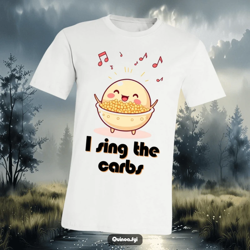 Funny beaming, anthropomorphic quinoa dish with musical notes floating, dancing joyfully to a healthy eating anthem.