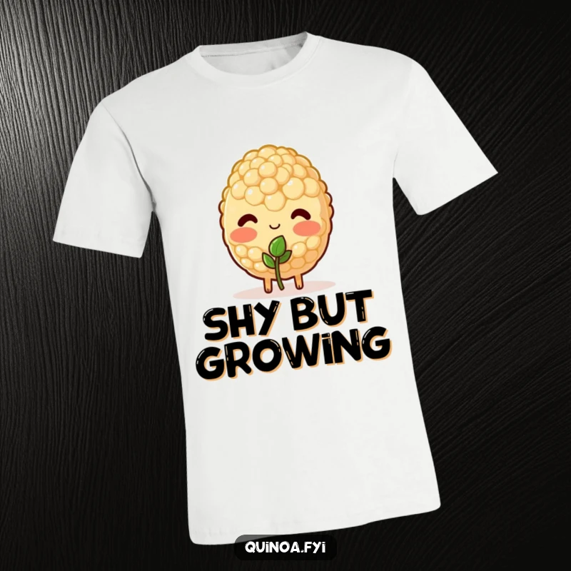 Funny t-shirt showcasing a shy, blushing quinoa character offering a delicate tiny sprout with care.