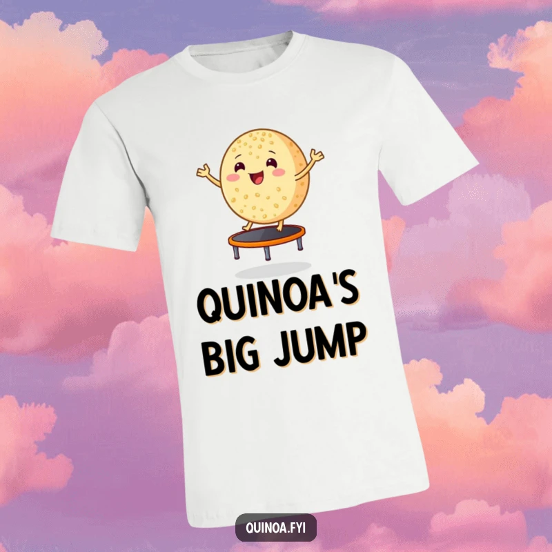 Funny smiling, round grain of quinoa bouncing excitedly on a tiny trampoline, graphic tee shirt, promoting healthy habits with humor.