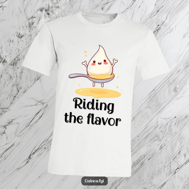 Funny t-shirt depicting a joyful anthropomorphic broth droplet happily riding a miniature spoon, a whimsical food-themed design.