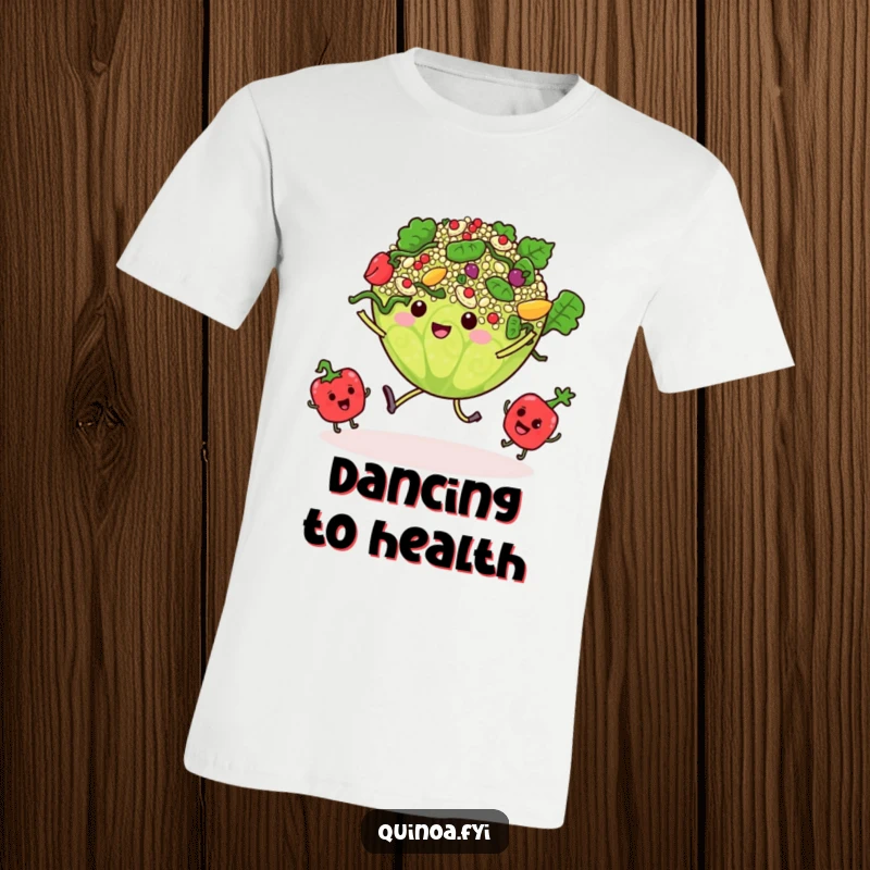 Funny t-shirt graphic of a quinoa salad with arms and legs, dancing joyfully with tiny, swaying vegetable characters.