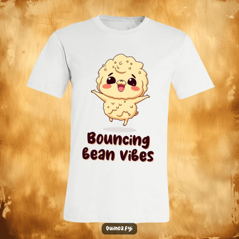 Funny t-shirt showcasing a gleeful quinoa character in mid-bounce, radiating pure, uncontainable happiness.