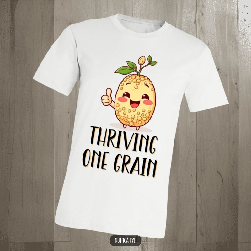 Funny t-shirt depicting a happy quinoa character with a sprout on its head, giving a confident and cheerful thumbs-up.