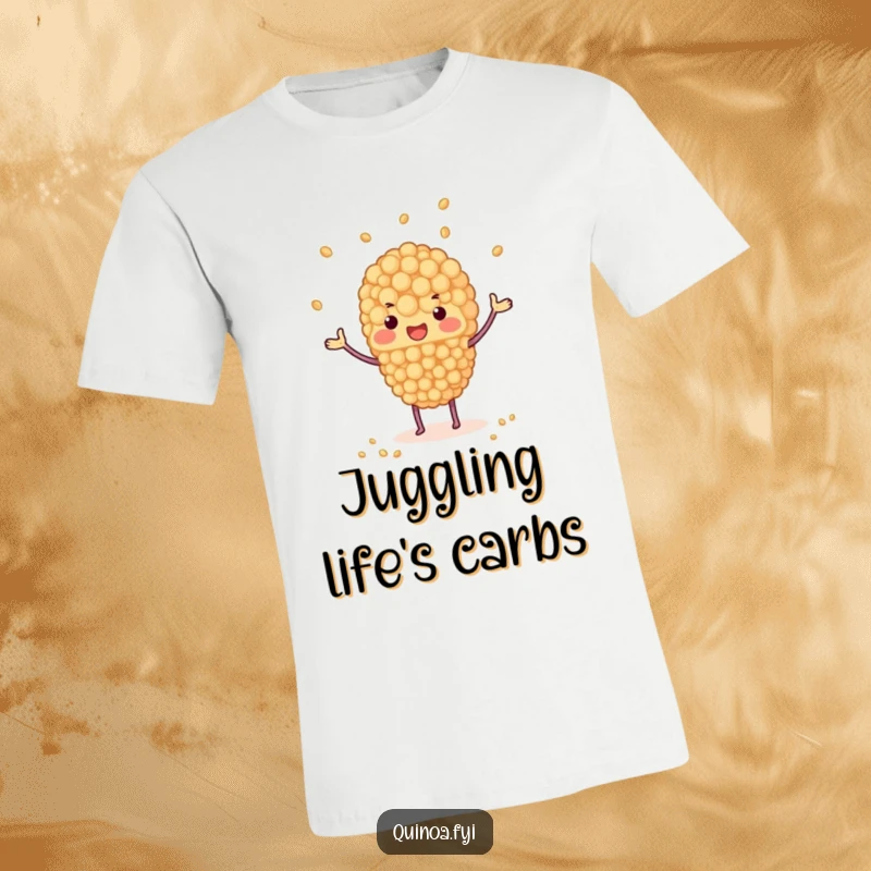 Funny t-shirt with a quinoa cluster juggling tiny grains, a humorous and dynamic design for expressing busy energy, a great funny gift.