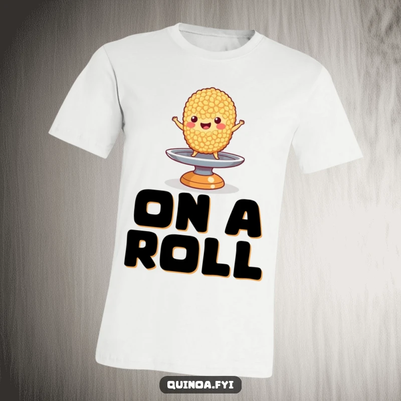 Funny Quinoa T-Shirt: A happy quinoa grain character masterfully balancing on a tiny spinning plate, showcasing skill and humor.