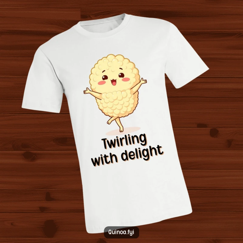 Funny Quinoa Cluster T-Shirt displaying a happy character in mid-pirouette, embodying grace and playful energy.