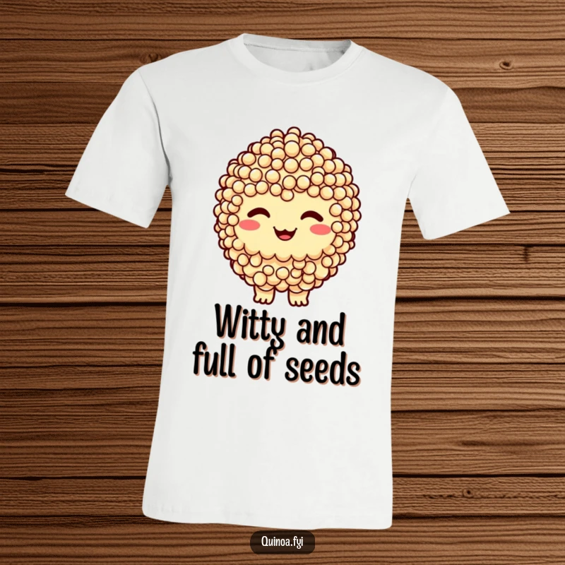 Funny t-shirt with a smiling quinoa cluster character sporting a mischievous, cheeky grin, showing off a playful attitude.
