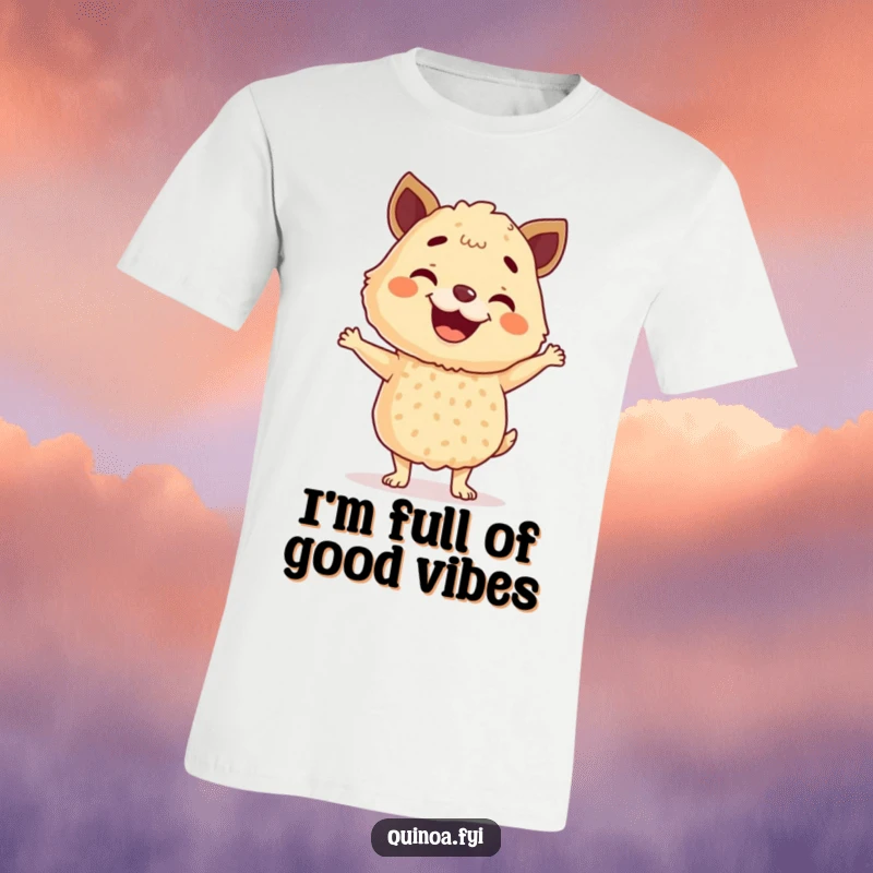 Funny Quinoa T-Shirt featuring a big-grinned, anthropomorphic quinoa blend in a joyful, energetic happy dance pose, celebrating healthy food.