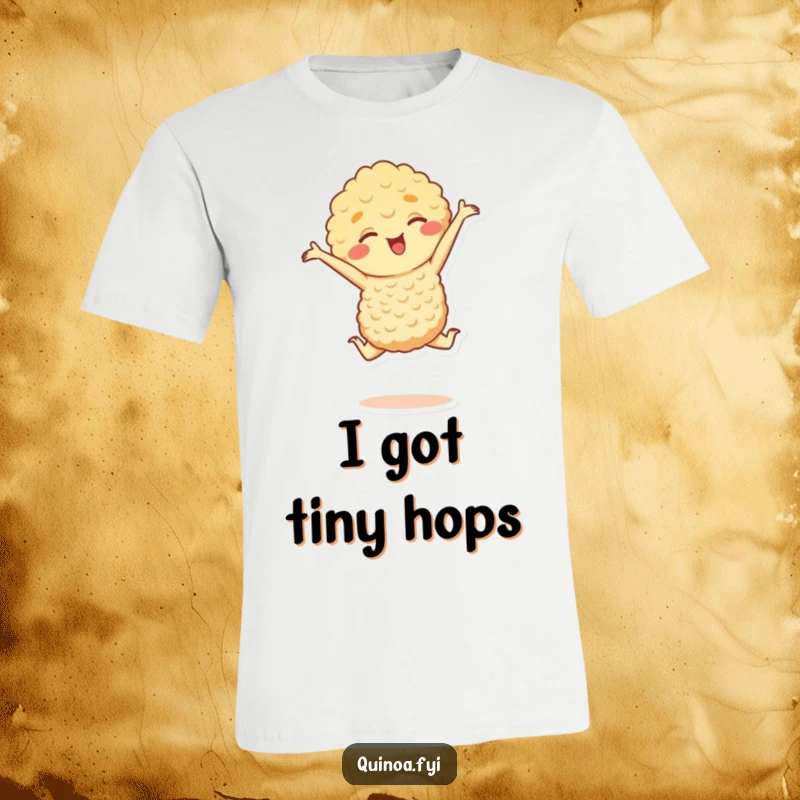Funny t-shirt with a happy quinoa character doing a tiny, graceful leap, symbolizing energy and fun, a must-have funny gift.