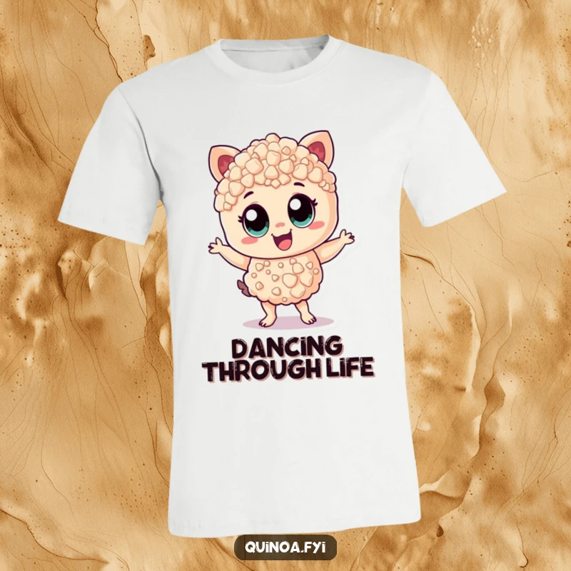 Funny T-Shirt: Cheerful quinoa character with wide eyes, enthusiastically dancing with zest, a humorous and energetic design.