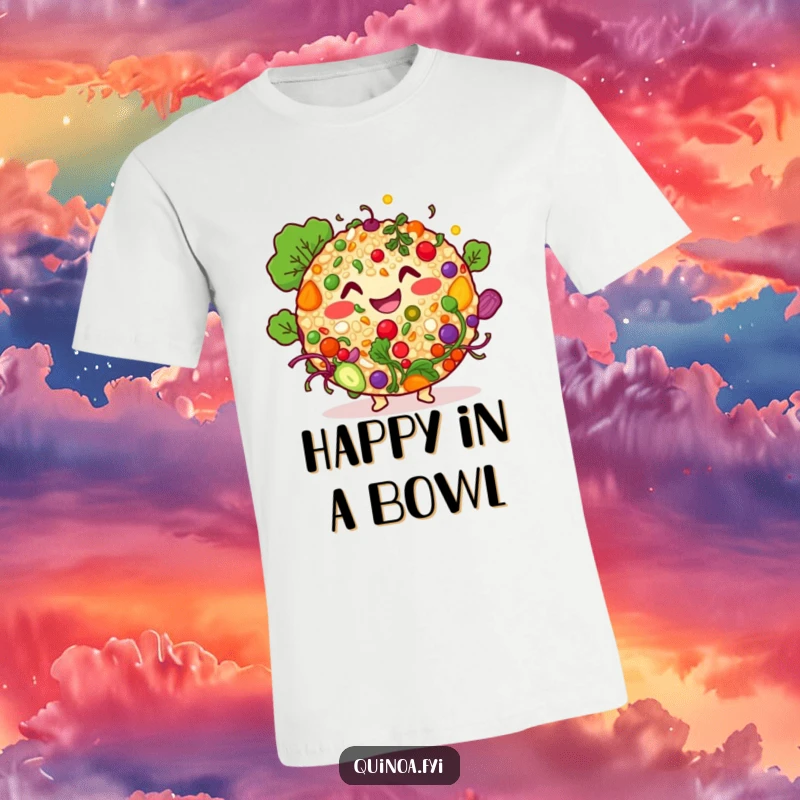 Funny quinoa salad t-shirt, showcasing a smiling bowl of colorful ingredients, radiating happiness and healthy vibes.