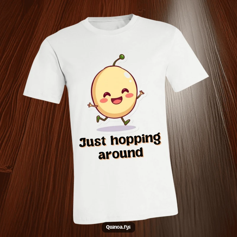 Funny t-shirt depicting a smiling anthropomorphic seed performing a playful little hop, symbolizing joy and new beginnings.