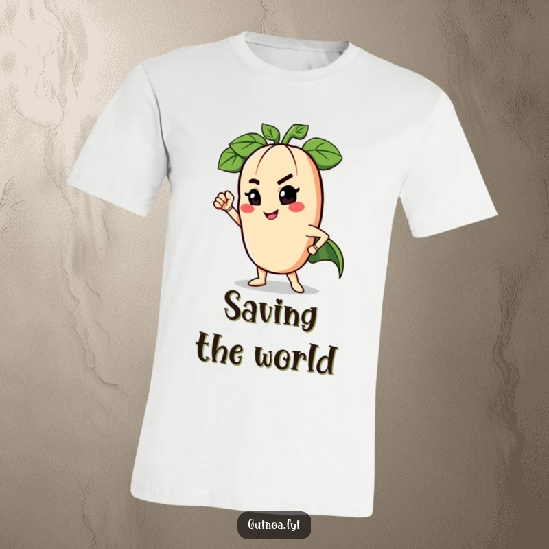 Funny t-shirt showcasing a charming anthropomorphic legume winking and striking a dynamic superhero pose, radiating playful confidence.