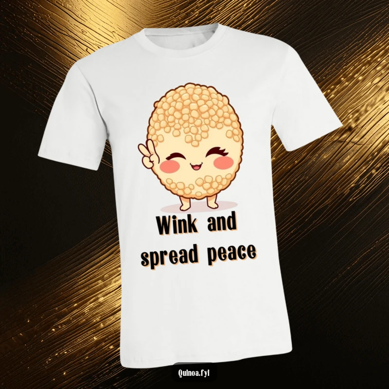 Funny t-shirt graphic of a solitary, winking quinoa grain giving a prominent peace sign, radiating good vibes.