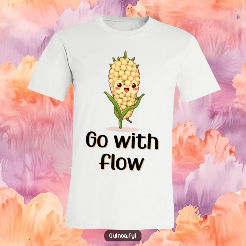 Funny quinoa stalk t-shirt, shown gently swaying with a peaceful and delightful demeanor, representing a relaxed and happy state.